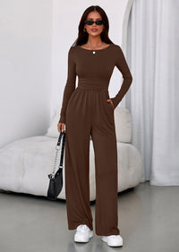 PRETTYGARDEN One Piece Jumpsuits for Women Dressy Casual Long Sleeve Crewneck Wide Leg Romper Overalls Spring Outfits