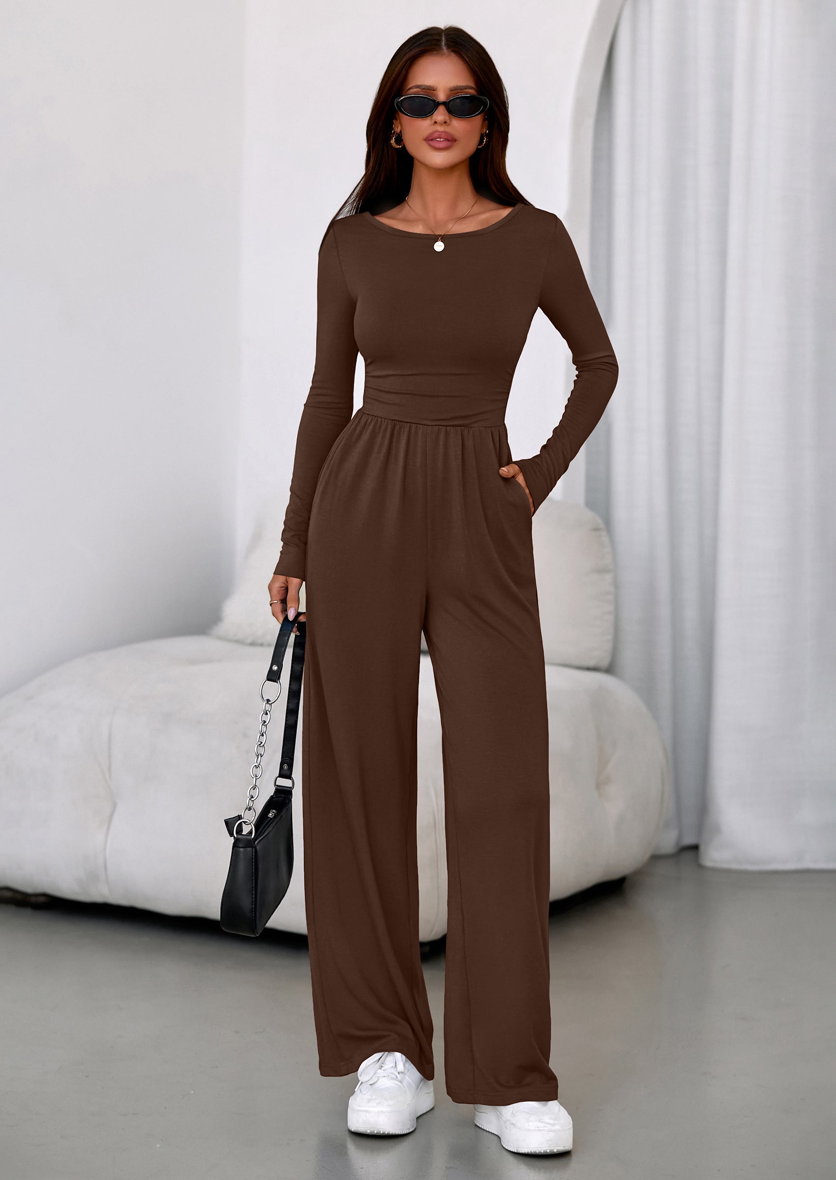 PRETTYGARDEN One Piece Jumpsuits for Women Dressy Casual Long Sleeve Crewneck Wide Leg Romper Overalls Spring Outfits