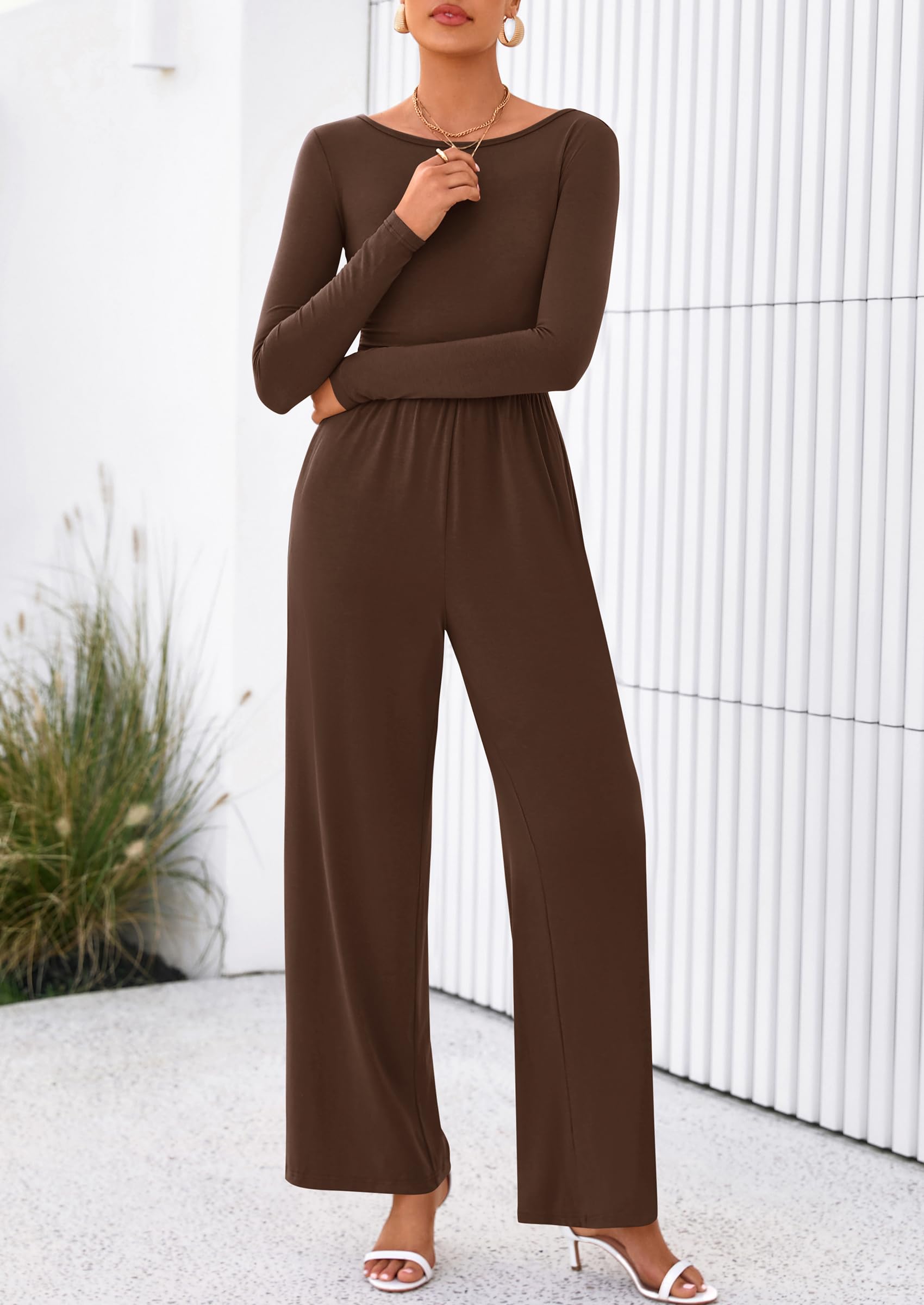 PRETTYGARDEN One Piece Jumpsuits for Women Dressy Casual Long Sleeve Crewneck Wide Leg Romper Overalls Spring Outfits