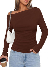 PRETTYGARDEN Off The Shoulder Tops for Women Going Out Long Sleeve Shirts Fall Casual Fitted Ribbed Ruched Y2K Clothes