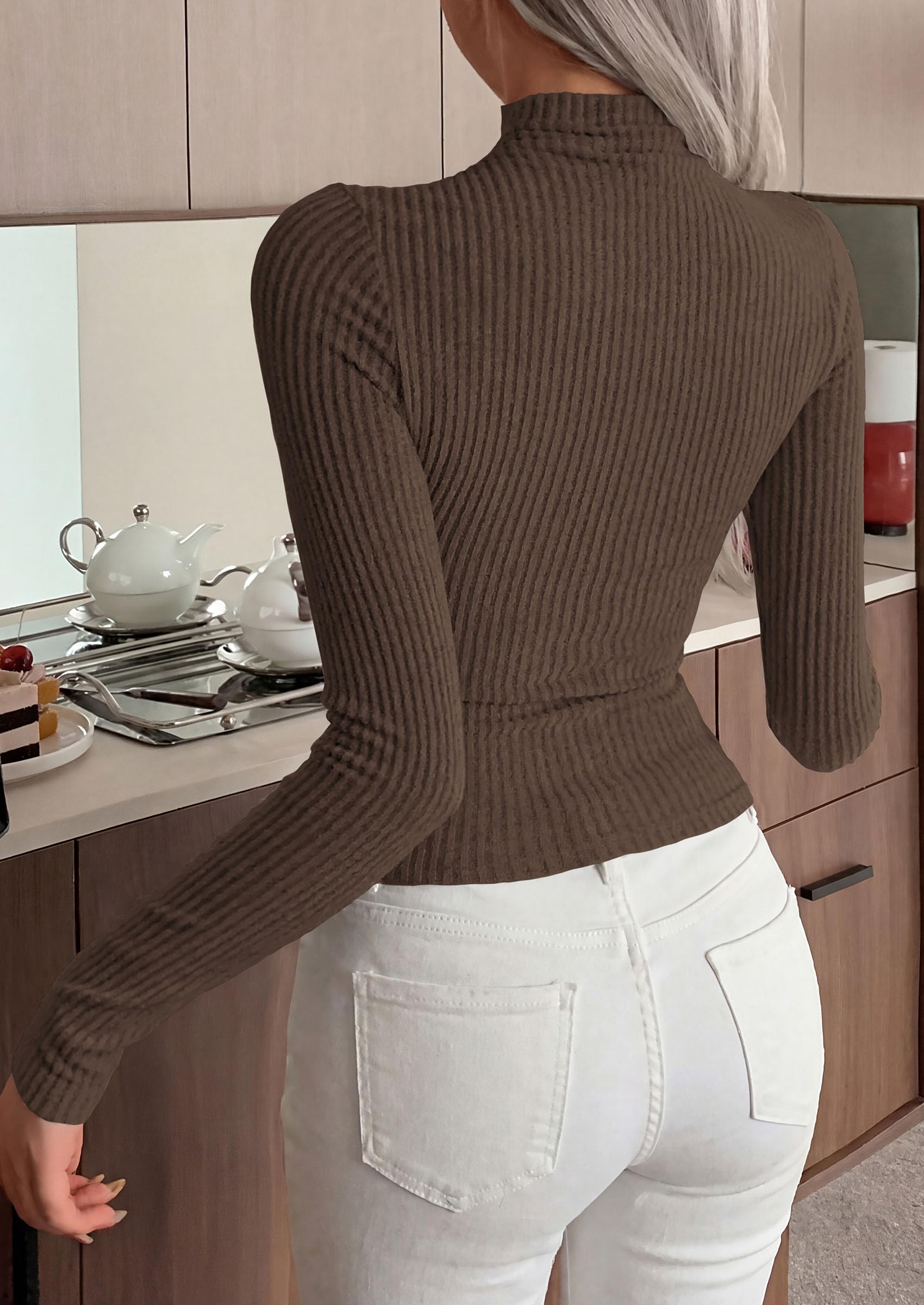 PRETTYGARDEN Long Sleeve T Shirts for Women Fall Fashion Mock Neck Fitted Ribbed Tee Tops Casual Basic Winter Clothing