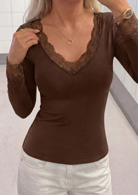 PRETTYGARDEN Womens Long Sleeve Shirts Cute Lace V Neck Tops Trendy Going Out Crop Top Sexy Stretchy Fitted Blouses Fall Clothes Dressy Work Office Outfit Casual Layering Tops