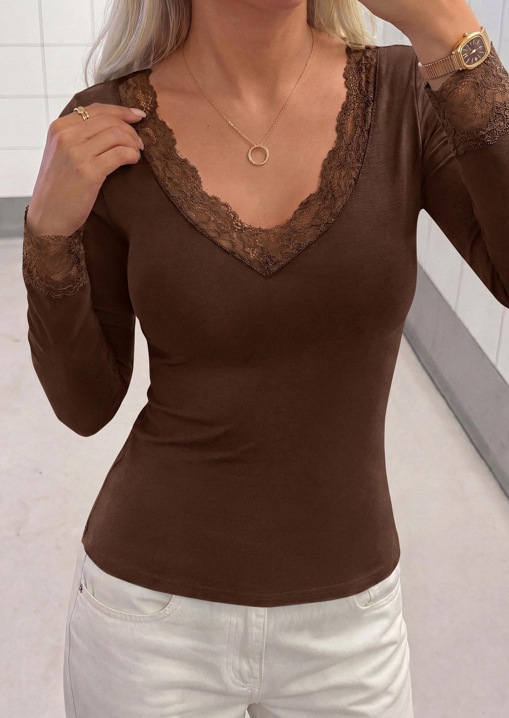 PRETTYGARDEN Womens Long Sleeve Shirts Cute Lace V Neck Tops Trendy Going Out Crop Top Sexy Stretchy Fitted Blouses Fall Clothes Dressy Work Office Outfit Casual Layering Tops