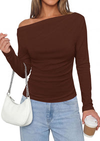 PRETTYGARDEN Off The Shoulder Tops for Women Going Out Long Sleeve Shirts Fall Casual Fitted Ribbed Ruched Y2K Clothes
