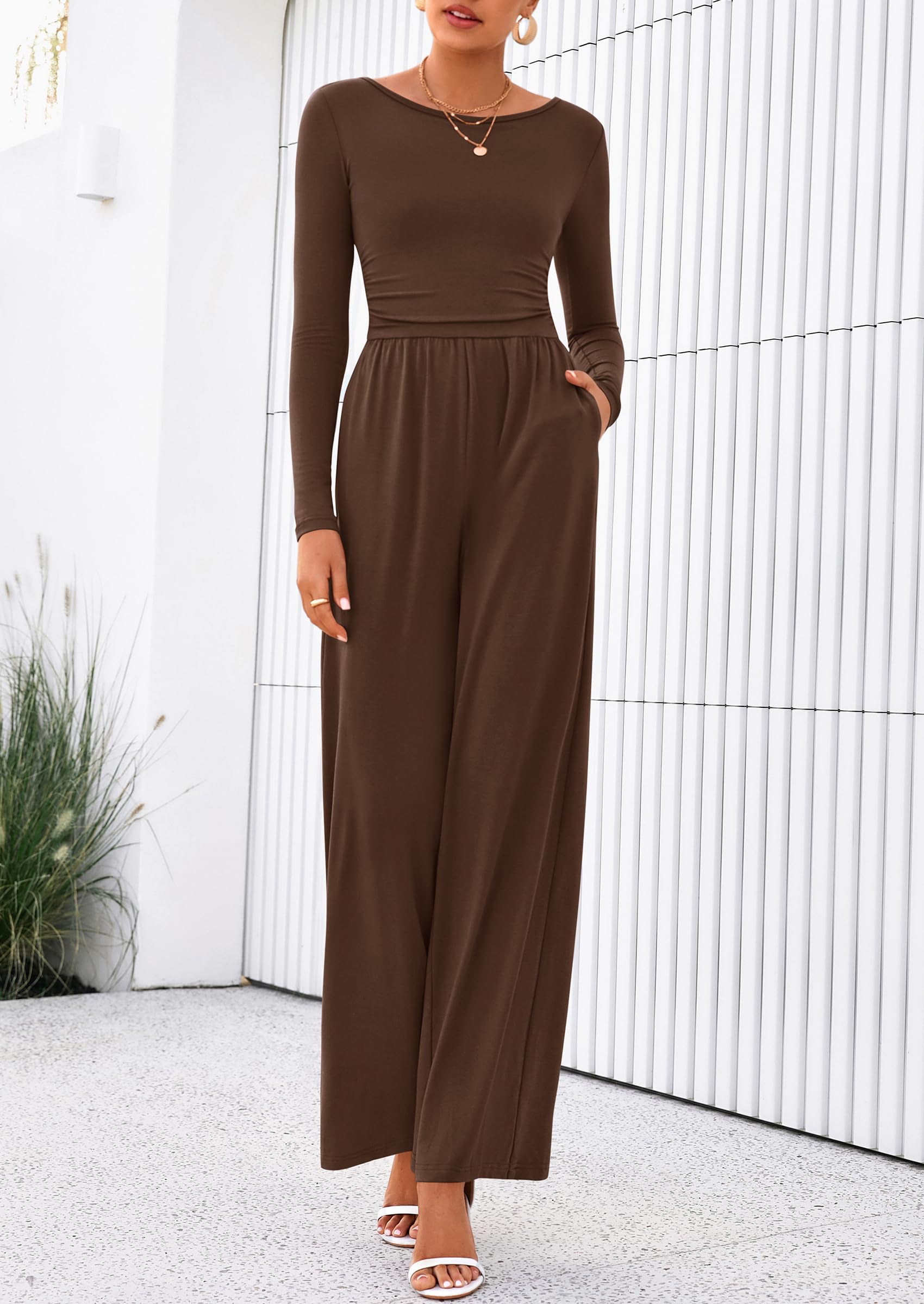 PRETTYGARDEN One Piece Jumpsuits for Women Dressy Casual Long Sleeve Crewneck Wide Leg Romper Overalls Spring Outfits