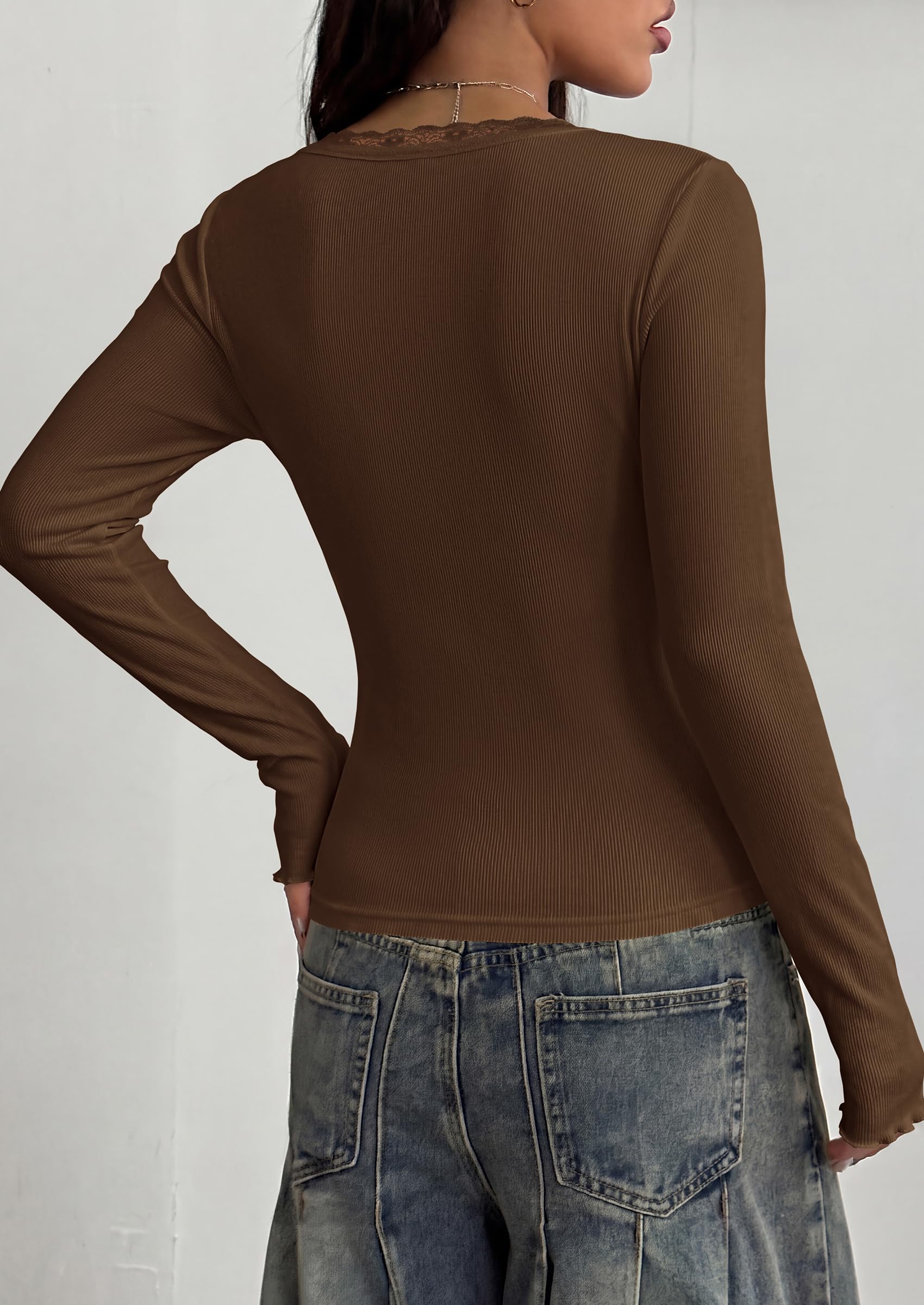 PRETTYGARDEN Womens Fall Long Sleeve Tops Lace Trim V Neck Button Henley Tshirts Slim Fitted Going Out Y2k Basic Shirts 2026