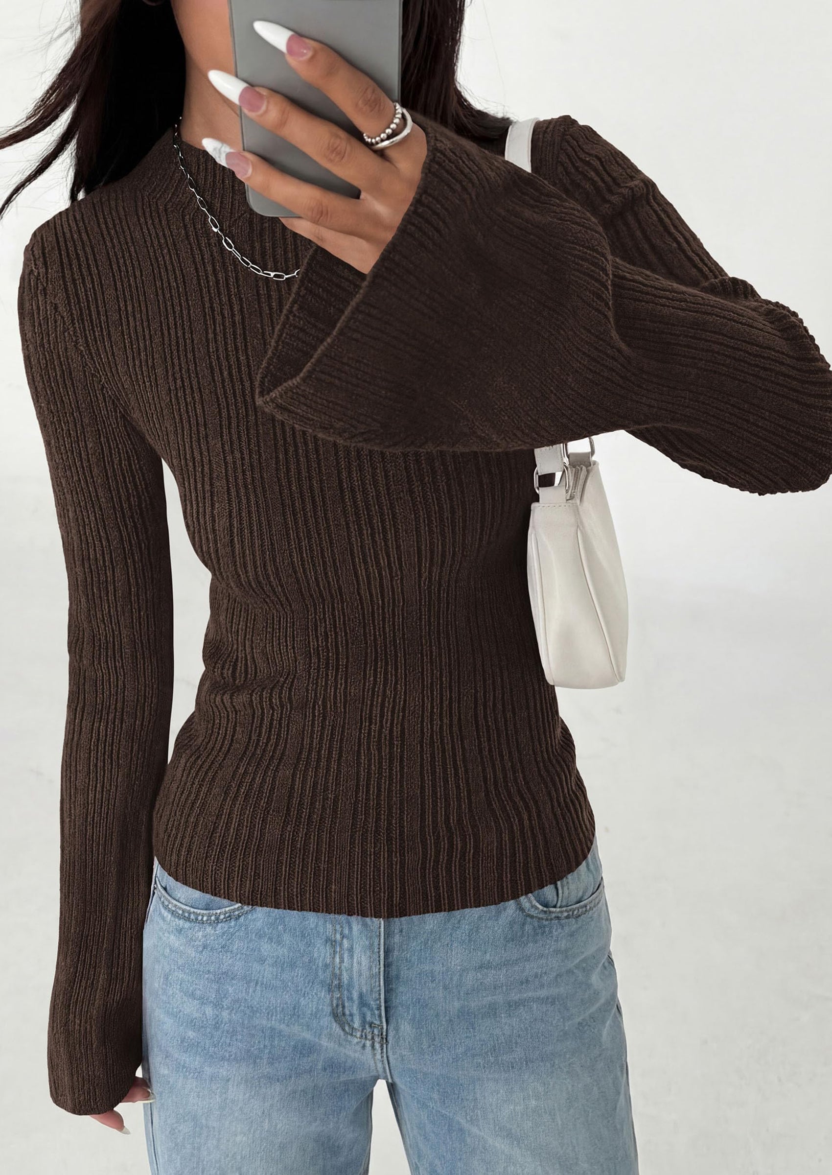 PRETTYGARDEN Sweaters for Women Lightweight Mock Neck Bell Long Sleeve Fitted Tops Ribbed Pullover Fall Fashion Clothing