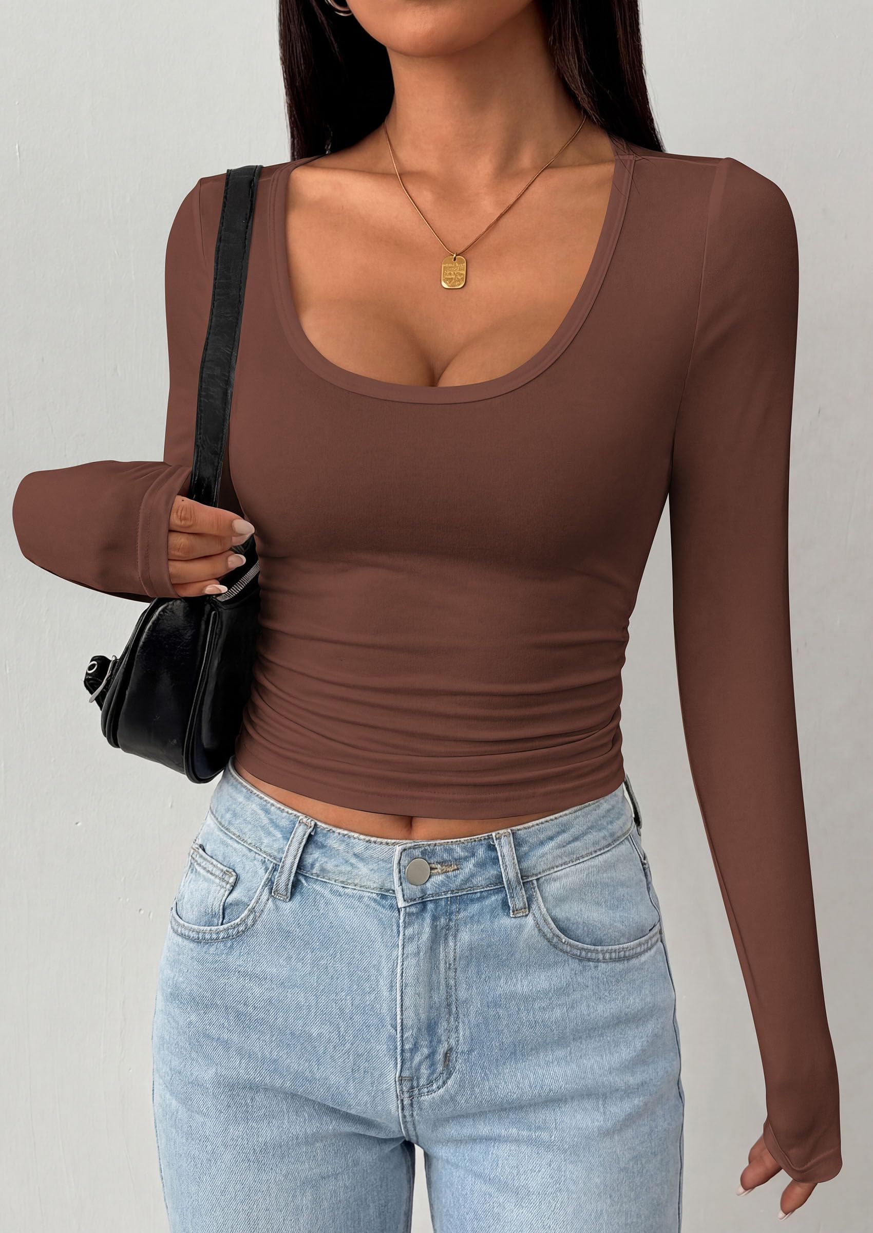 PRETTYGARDEN Womens Long Sleeve Tops Casual Scoop Neck Basic Tees Slim Fitted Tshirts Layer Knit Fall Outfits