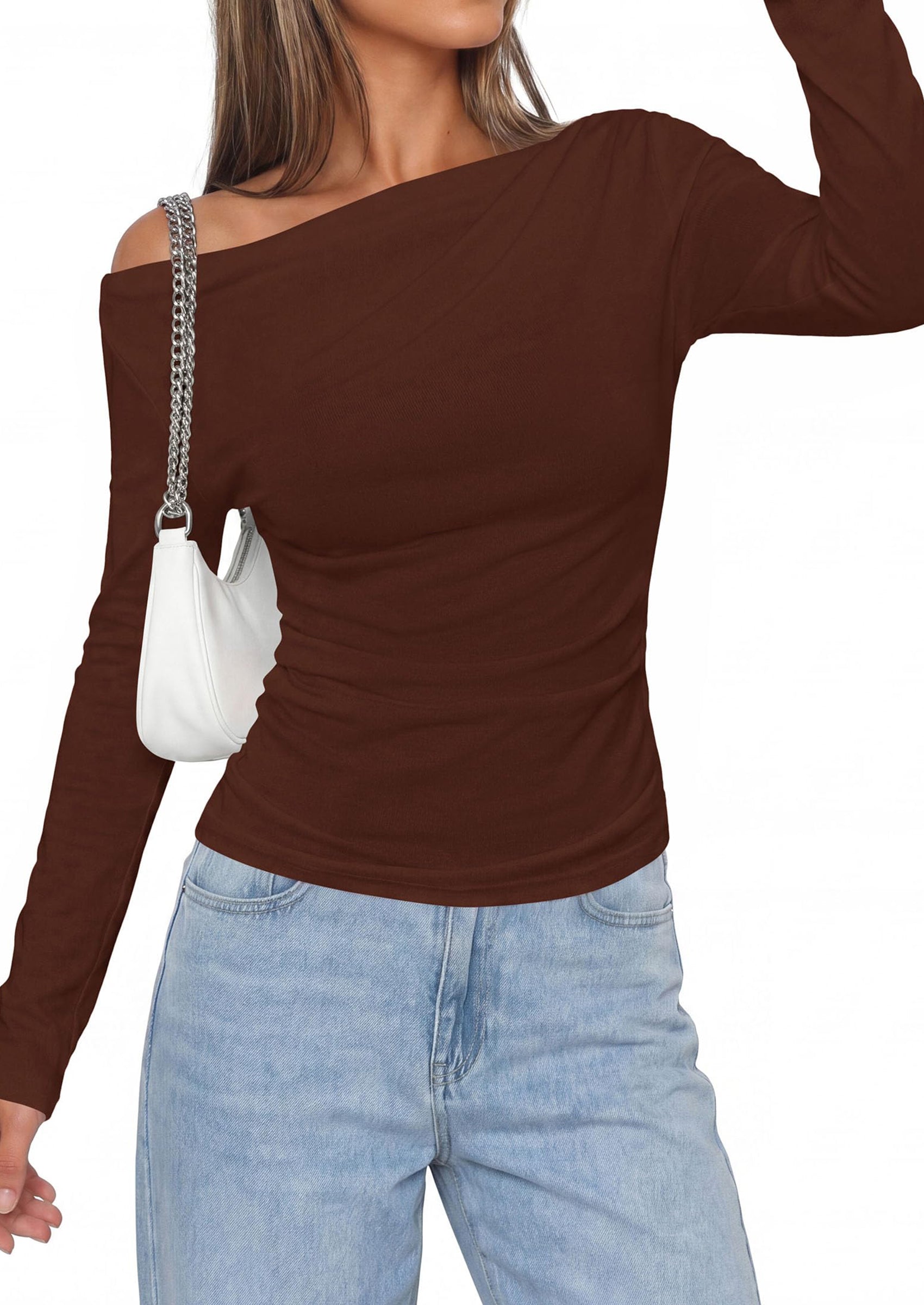 PRETTYGARDEN Off The Shoulder Tops for Women Going Out Long Sleeve Shirts Fall Casual Fitted Ribbed Ruched Y2K Clothes