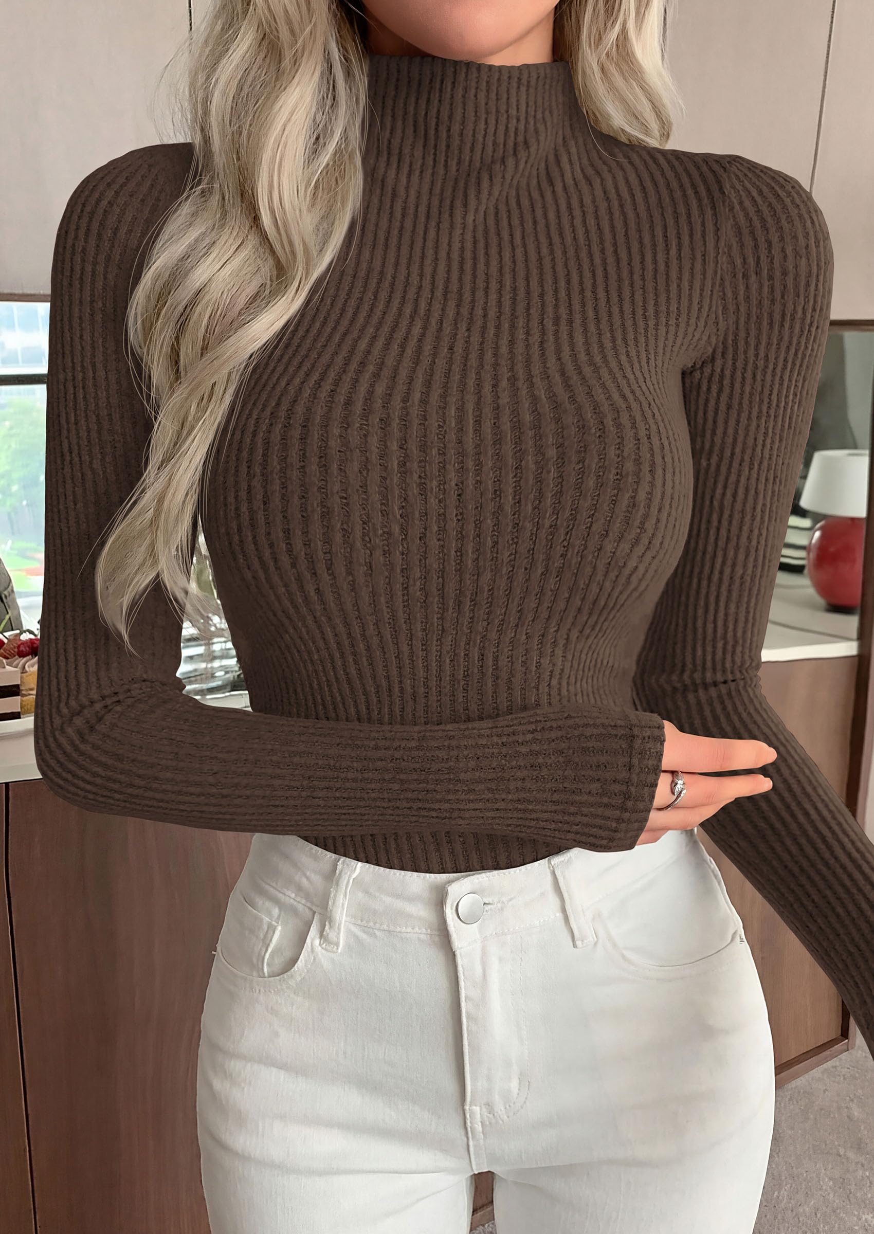PRETTYGARDEN Long Sleeve T Shirts for Women Fall Fashion Mock Neck Fitted Ribbed Tee Tops Casual Basic Winter Clothing