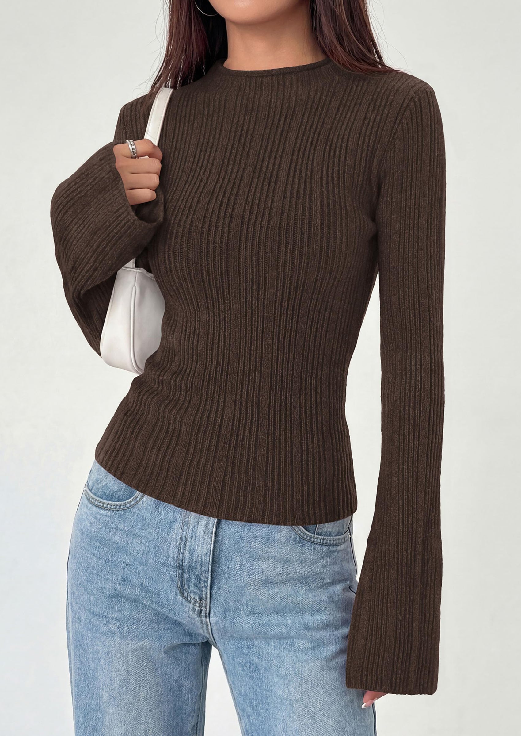 PRETTYGARDEN Sweaters for Women Lightweight Mock Neck Bell Long Sleeve Fitted Tops Ribbed Pullover Fall Fashion Clothing