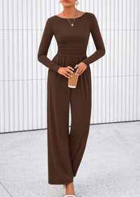 PRETTYGARDEN One Piece Jumpsuits for Women Dressy Casual Long Sleeve Crewneck Wide Leg Romper Overalls Spring Outfits