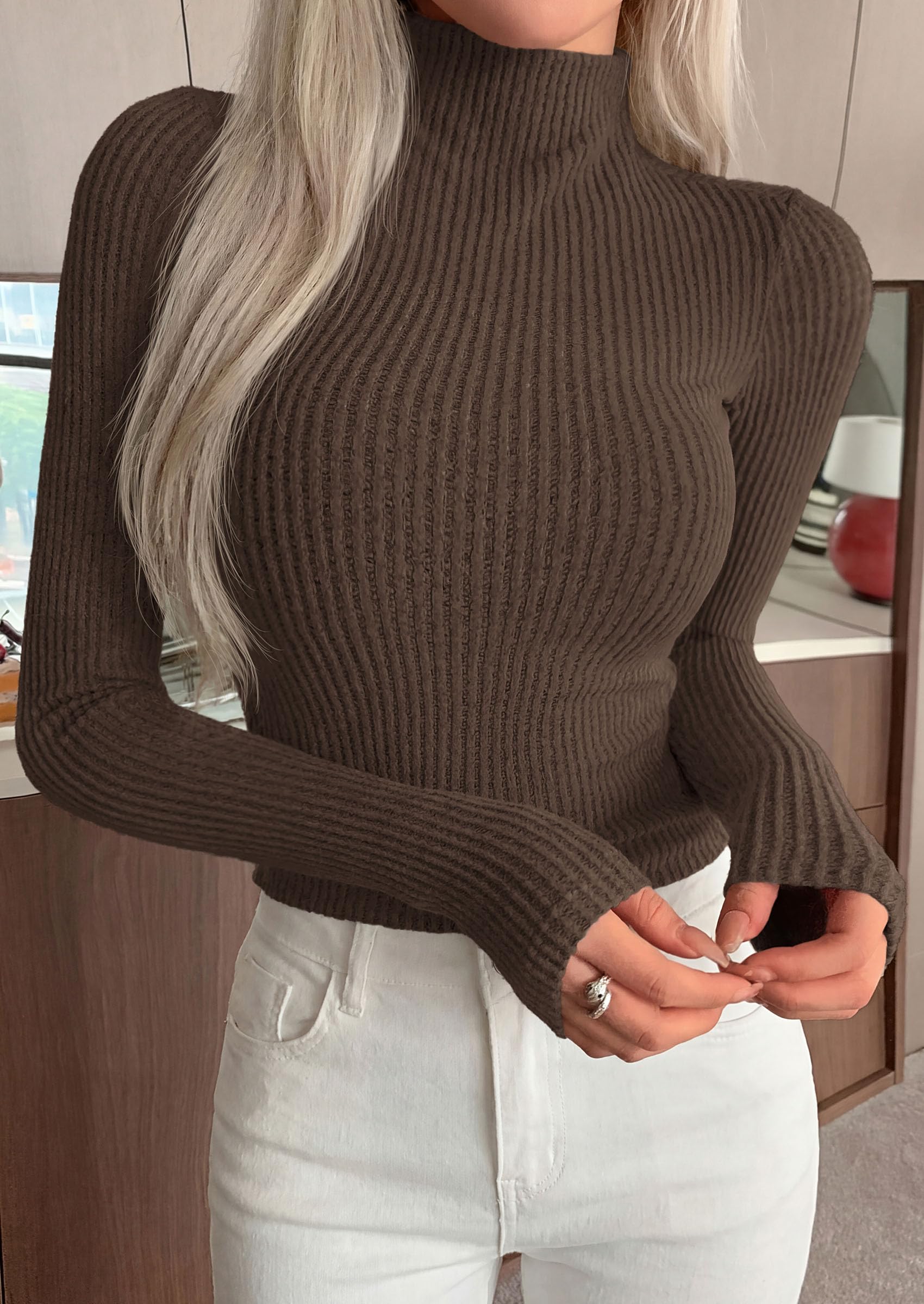 PRETTYGARDEN Long Sleeve T Shirts for Women Fall Fashion Mock Neck Fitted Ribbed Tee Tops Casual Basic Winter Clothing