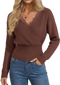 PRETTYGARDEN Women's Fall Fashion Long Sleeve Lace V Neck Cropped Sweaters