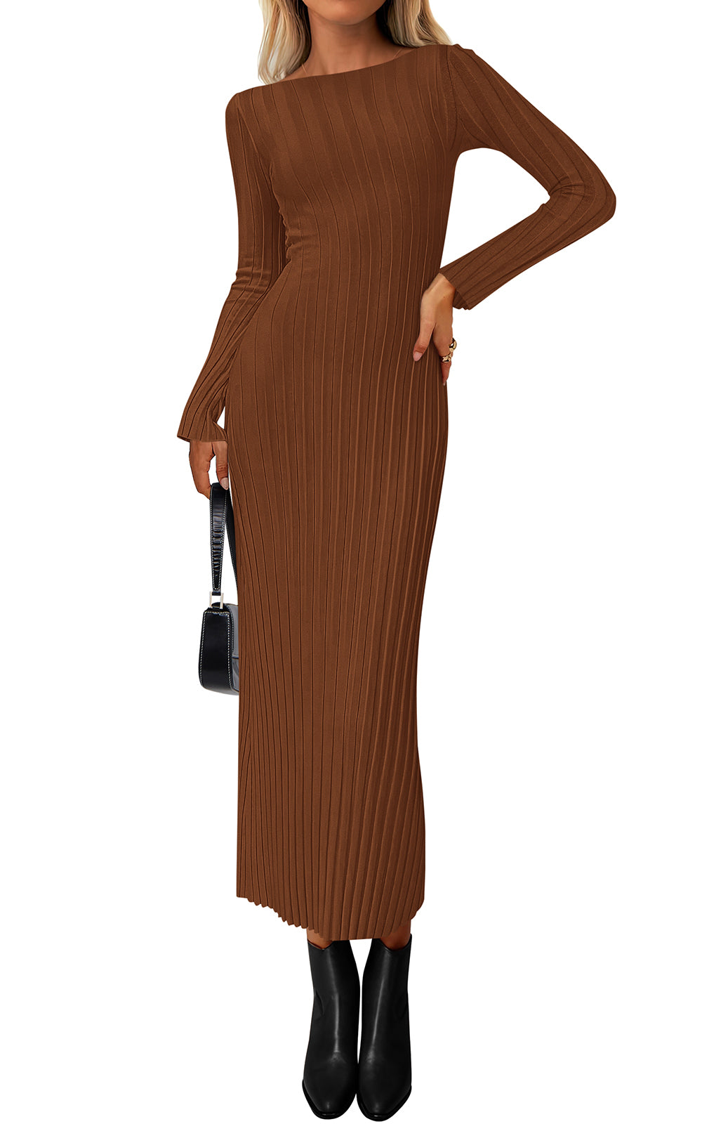 PRETTYGARDEN Womens Sweater Dress Fall 2026 Casual Boat Neck Long Sleeve Pullover Ribbed Knit Bodycon Maxi Sweater Dresses