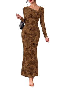 PRETTYGARDEN Womens Fall Asymmetrical Neck Formal Wedding Guest Maxi Dress  Slim Fit Mesh Floral, Ruched Bodycon Long Sleeve, Elegant Cocktail Party, Homecoming Fall Winter Dresses