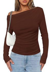 PRETTYGARDEN Off The Shoulder Tops for Women Going Out Long Sleeve Shirts 2026 Fall Casual Fitted Ribbed Ruched Y2K Clothes