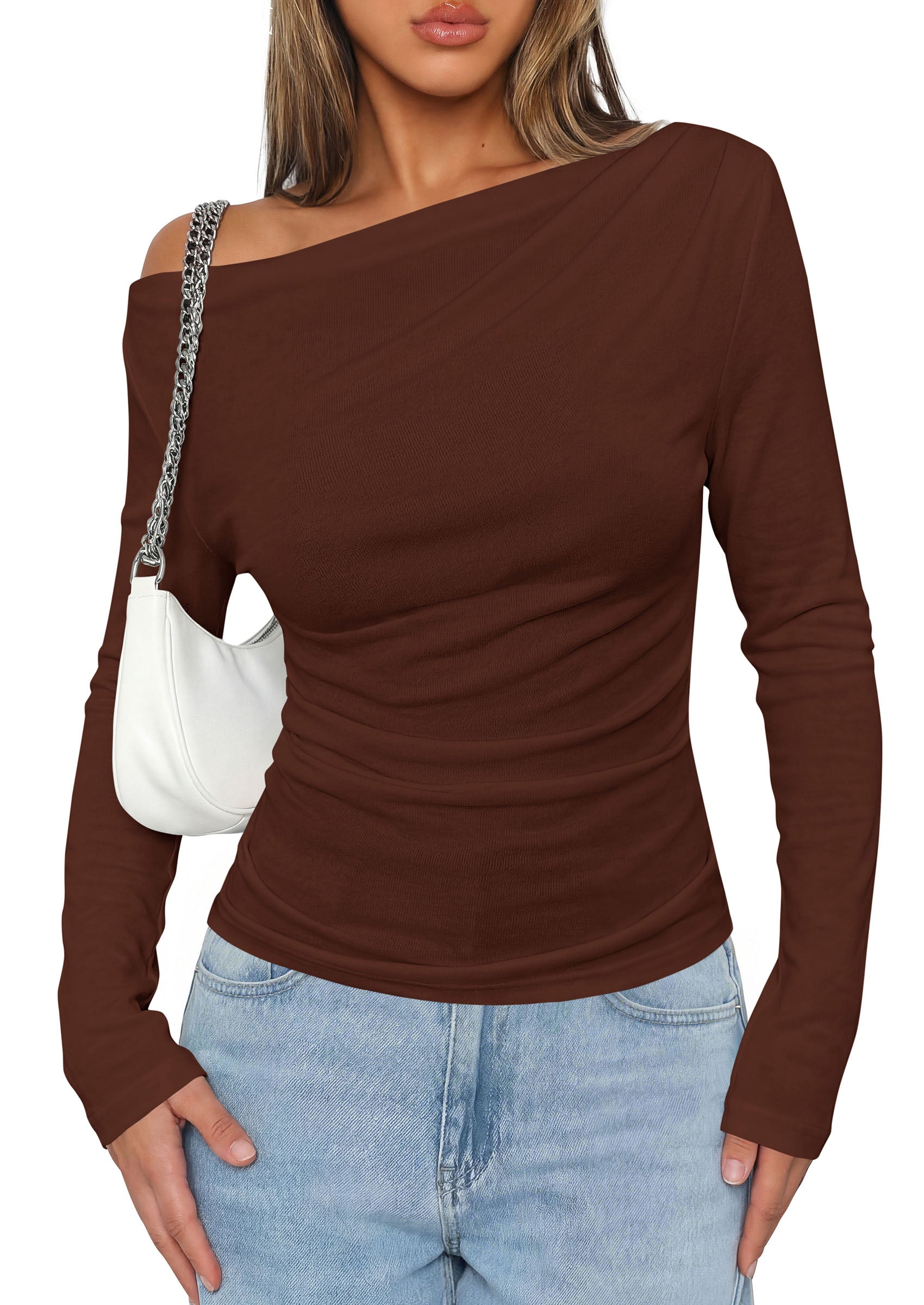 PRETTYGARDEN Off The Shoulder Tops for Women Going Out Long Sleeve Shirts 2026 Fall Casual Fitted Ribbed Ruched Y2K Clothes