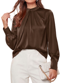 PRETTYGARDEN Satin Tops for Women Mock Neck Pleated Long Sleeve Shirts