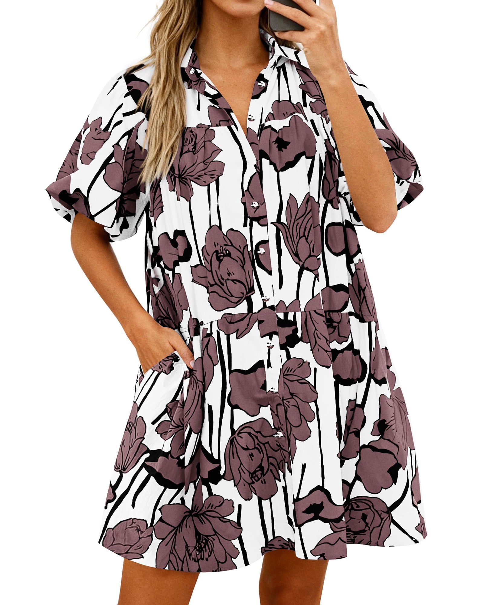 PRETTYGARDEN Womens Summer Dresses 2026 Casual Puff Sleeve Button Down Mini Shirt Dress Boho Floral Babydoll Sun Dress PRETTYGARDEN