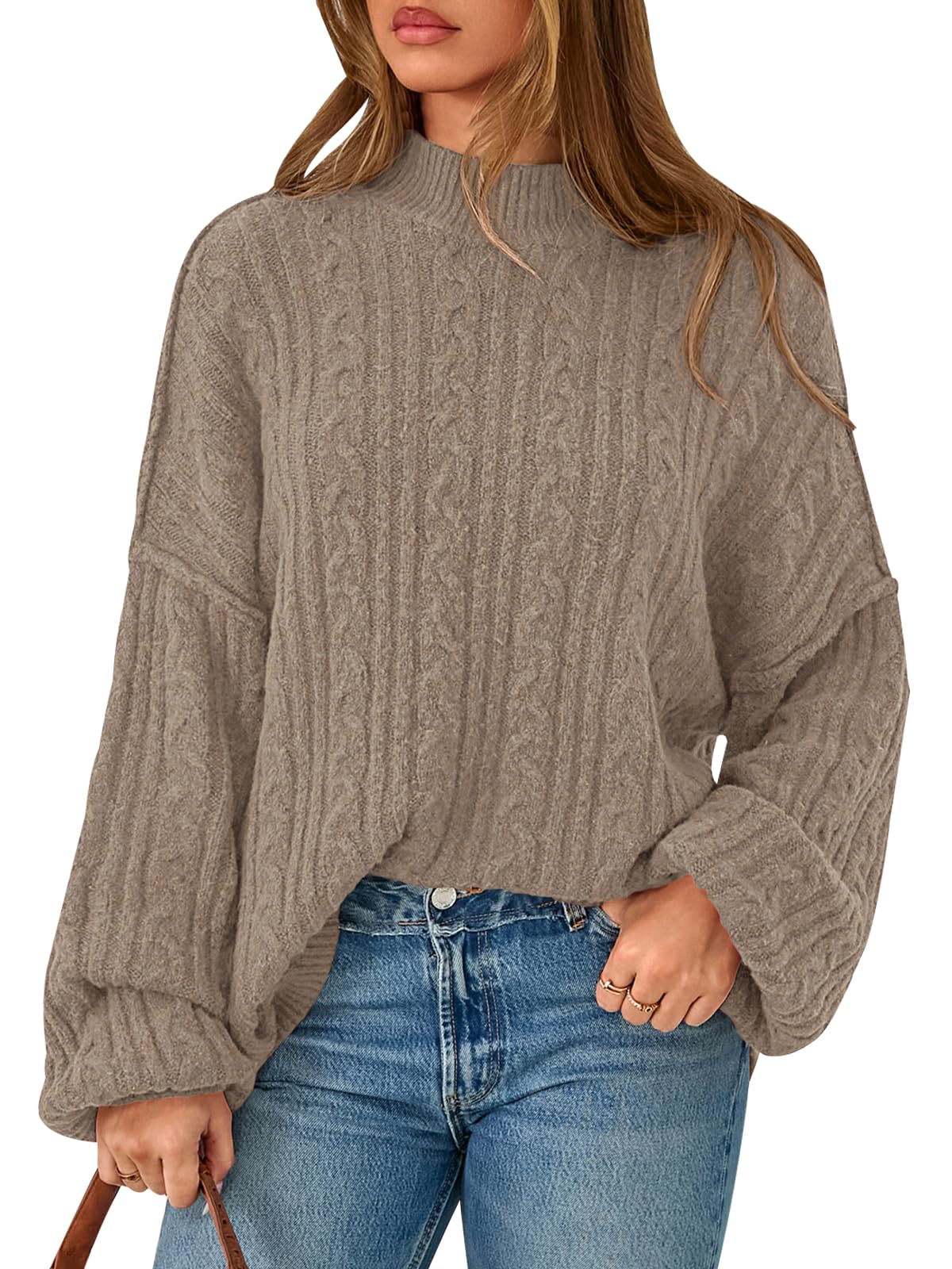 PRETTYGARDEN Womens Sweater 2026 Long Sleeve Crewneck Cable Knit Oversized Sweaters Pullover Exposed Seam Spring Outfits