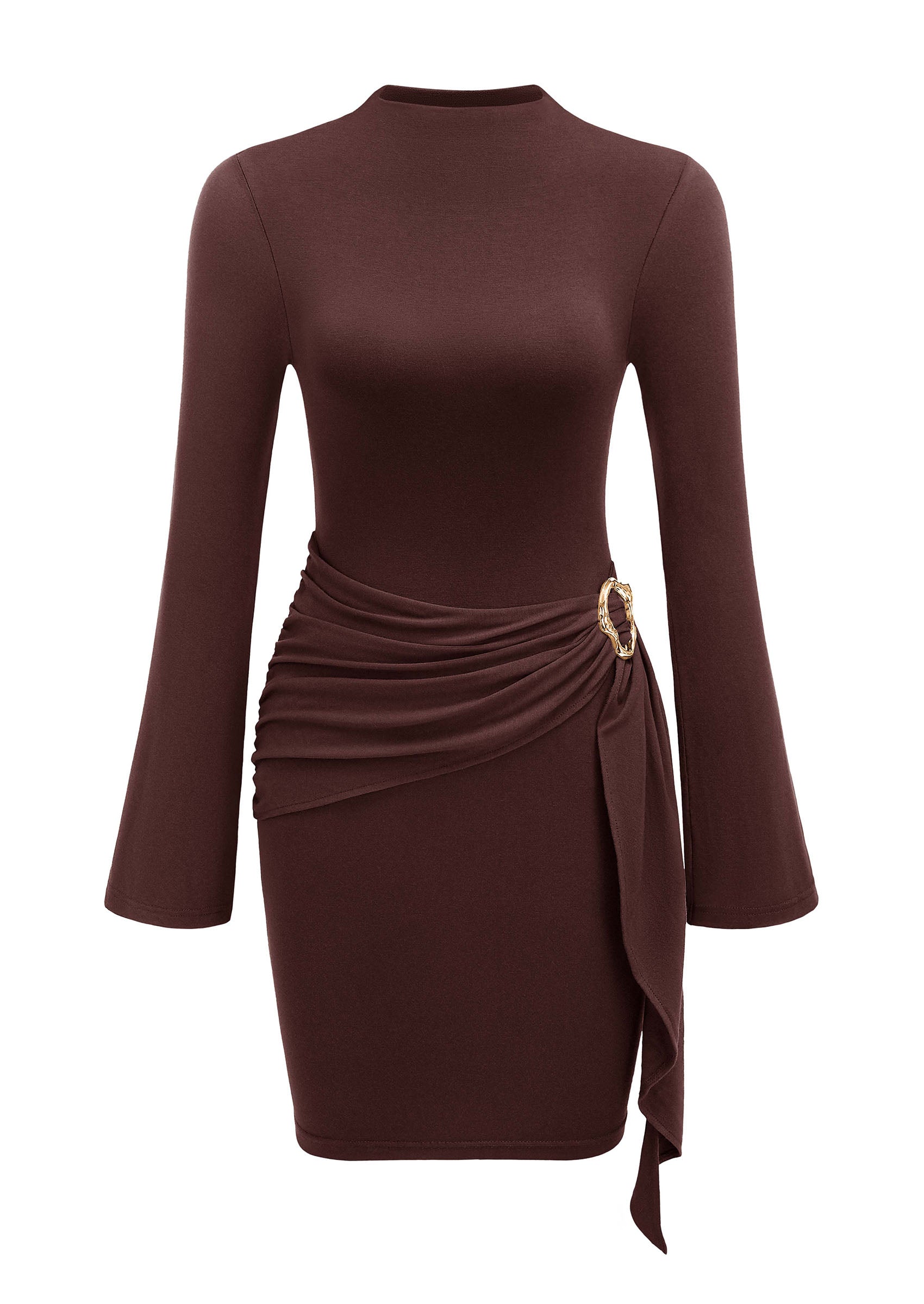 PRETTYGARDEN Women Long Sleeve Bodycon Ruched Mini Dress | Mock Neck Gold Buckle, Slim Fit, Weeding Guest Dress, Elegant Dressy Casual, Cocktail Party Date Night, Fall Winter Outfits