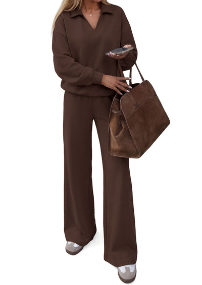 PRETTYGARDEN Womens Sweatsuits 2 Piece Outfits Matching Sets | Wide Leg Sweatpants & Polo V Neck Sweatshirt, Lounge Set, Comfy Airport Travel Outfits, Track suits, Fall Winter Clothes