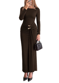 PRETTYGARDEN Women's Long Sleeve Ruched Bodycon Maxi Dress | Wedding Guest Dresses, Twist Knot Waist, Back Slit, Slim Fitted, Formal Wear, Cocktail Holiday Party, Date Night Fall Outfits