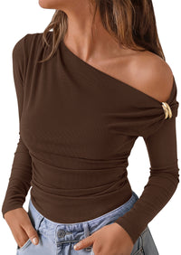 PRETTYGARDEN Womens Off The Shoulder Tops Long Sleeve Shirts | Soft Stretchy Ribbed, Slim Fit Ruched Waist, Sexy Asymmetrical Blouses, Going Out Top, Date Night Outfit, Fall Dressy Casual