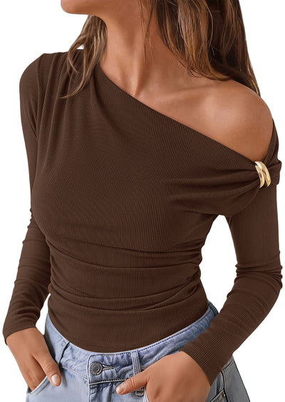 PRETTYGARDEN Womens Off The Shoulder Tops Long Sleeve Shirts | Soft Stretchy Ribbed, Slim Fit Ruched Waist, Sexy Asymmetrical Blouses, Going Out Top, Date Night Outfit, Fall Dressy Casual