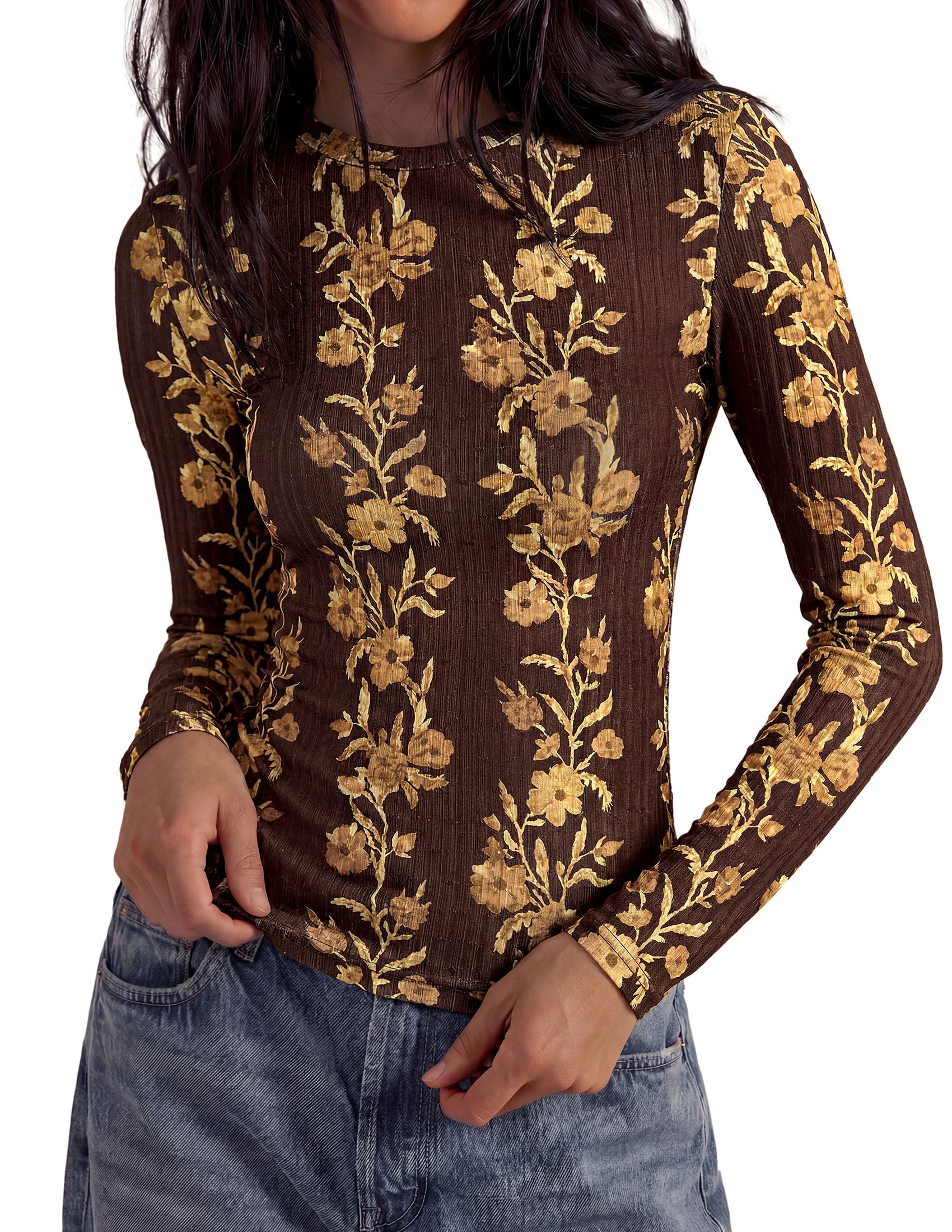 PRETTYGARDEN Womens Long Sleeve Shirts Floral Y2K Tops | Soft Lightweight Ribbed Knit Top,Fitted Waist,Crew Neck Slim Fit,Going Out Vacation Outfits,Layering Fall Winter Clothes