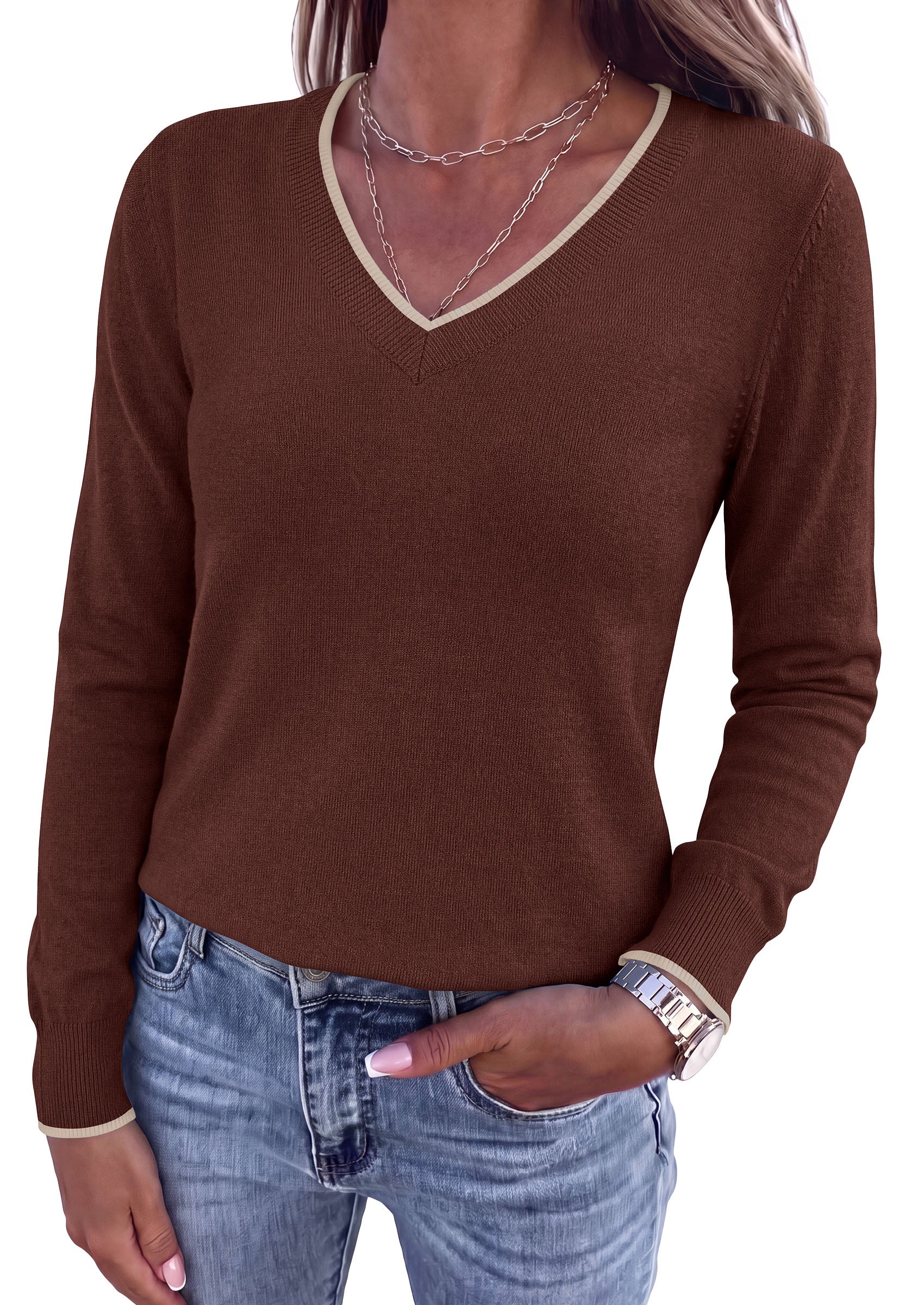 PRETTYGARDEN Women's V Neck Sweater Long Sleeve Knit Tops | Contrast Trim, Cozy Lightweight Pullover, Loose Basic Soft, Business Casual, Holiday Vacation Outfits, Fall Winter Clothes