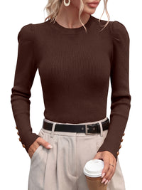 PRETTYGARDEN Womens Fall Sweaters Crewneck Puff Sleeve Button Cuff Ribbed Knit Cozy Pullover Sweater Slim Fit Tops Trendy