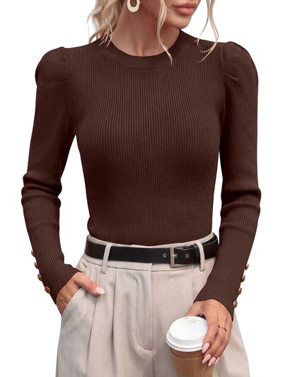 PRETTYGARDEN Womens Fall Sweaters Crewneck Puff Sleeve Button Cuff Ribbed Knit Cozy Pullover Sweater Slim Fit Tops Trendy