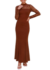 PRETTYGARDEN Women's Fall Lace Sheer Dress Bodycon Maxi Cocktail Dresses  Long Sleeve, Patchwork Mock Neck, Slim Fit, Elegant Mermaid, Semi Formal Outfits for Wedding Guest, Evening, Birthday Party