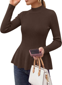PRETTYGARDEN Womens Fall Mock Neck Long Sleeve Tops Badycon Peplum Sweaters						  Cozy Soft Knit Pullover,Ruffle Hem,Business Casual Work Outfits,2026 Trendy Fall Fashion Clothing,Winter Layering Clothes