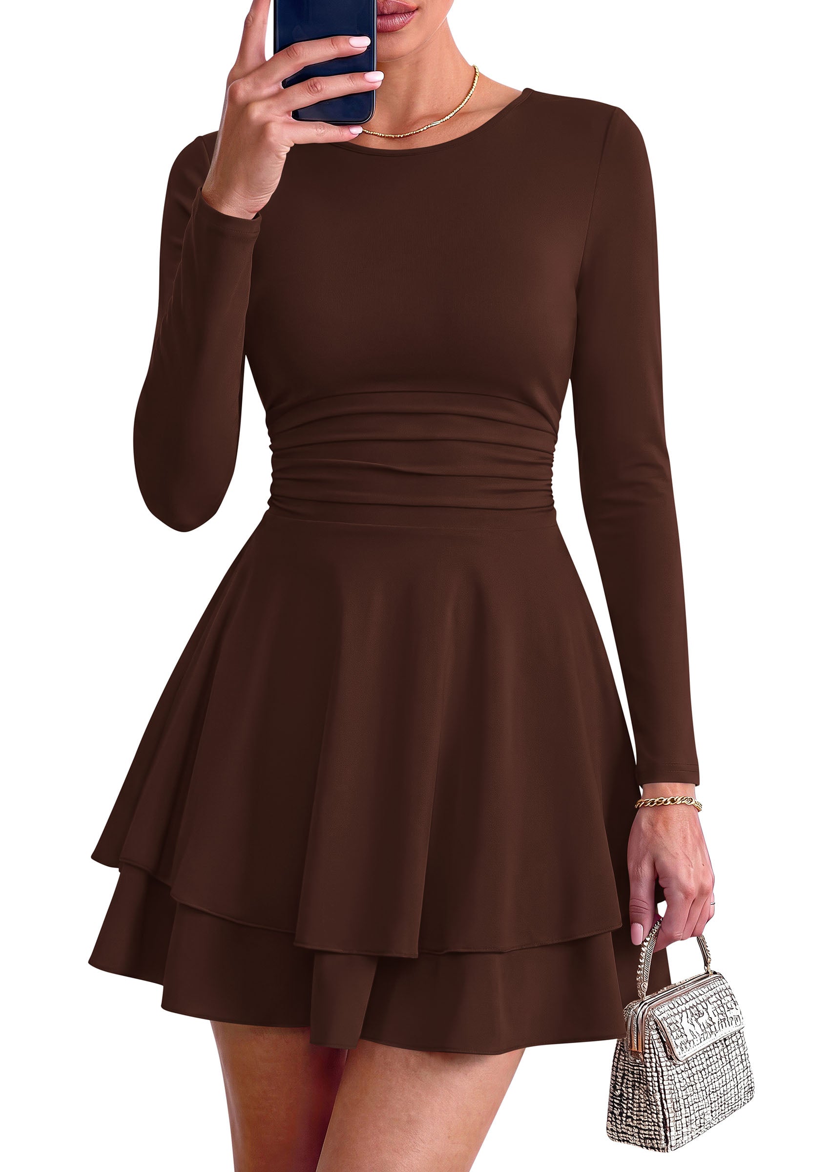 PRETTYGARDEN Womens Fit and Flare Crewneck Long Sleeve Mini Dress | Ruched Waist,Tiered Ruffle Hem,Flowy Short Sundress,Party Cocktail Homecoming Dresses,Date Night Semi Formal Cruise Outfits