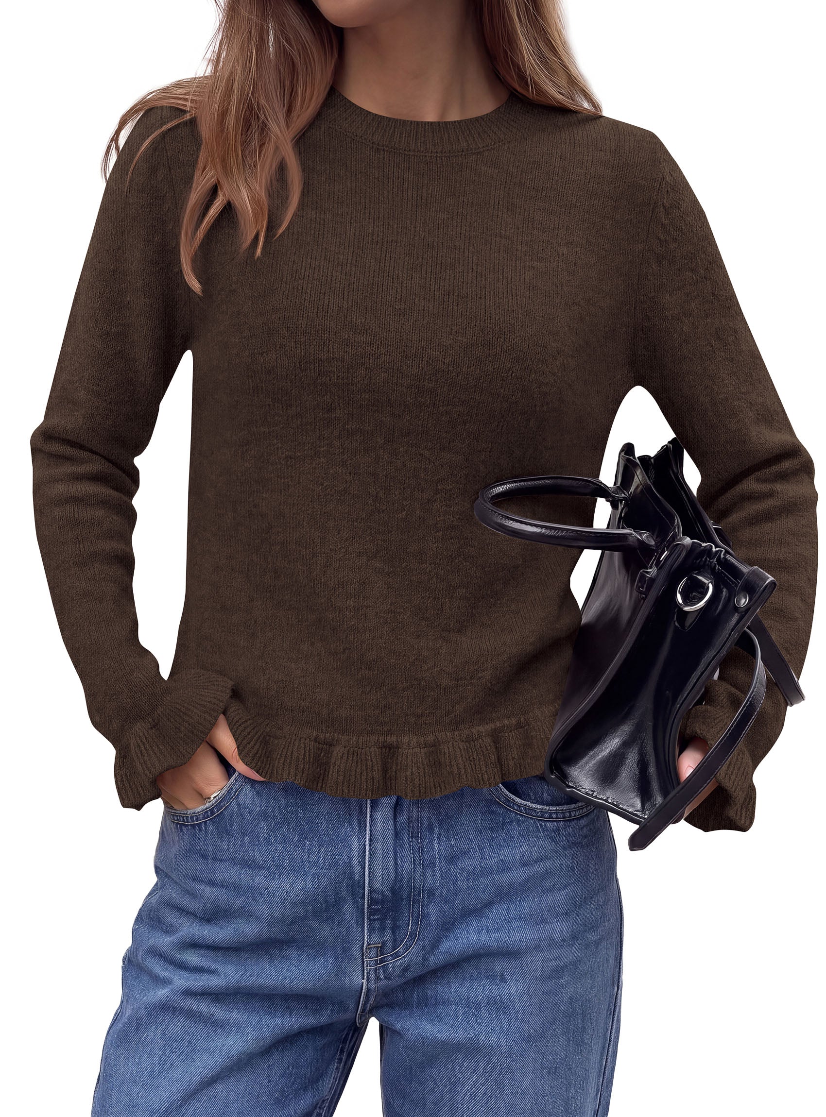 PRETTYGARDEN Women's Ruffle Sweaters Fall Fashion Cozy Knit Pullover  Soft Warm Chunky, Crewneck Long Sleeve, Cute Peplum Tops, Dressy Casual Blouses, Going Out Holiday, Trendy Winter Outfits