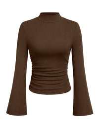 PRETTYGARDEN Womens Long Sleeve Shirts 2026 Fall Bell Sleeves Mock Turtleneck Ribbed Going Out Tops Casual Ruched Y2K Clothes