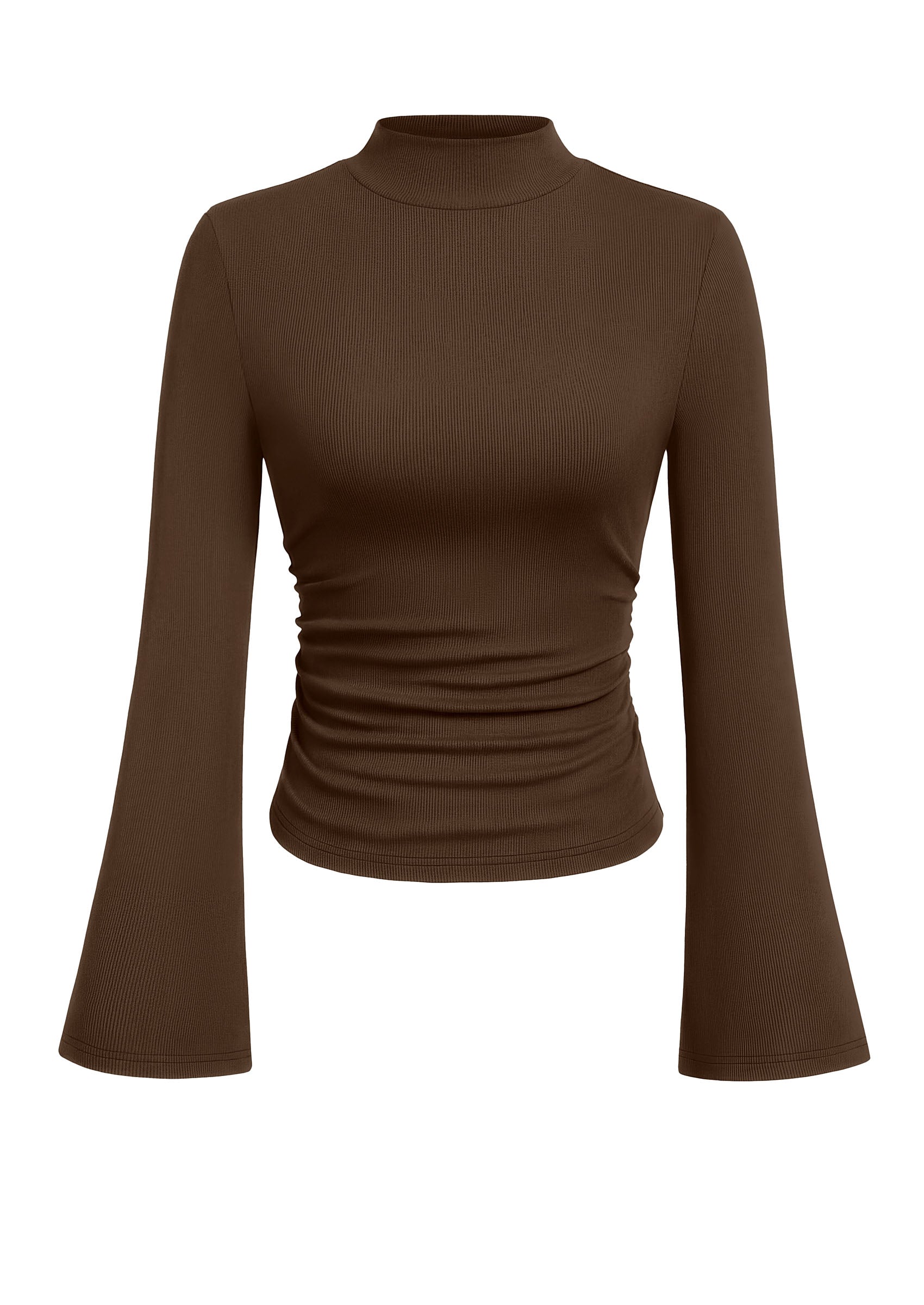 PRETTYGARDEN Womens Long Sleeve Shirts 2026 Fall Bell Sleeves Mock Turtleneck Ribbed Going Out Tops Casual Ruched Y2K Clothes