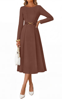 PRETTYGARDEN Women's Fall Long Sleeve Semi Formal Midi Dresses with Pockets Boat Neck, Metal Buckle Tie Waist, Flowy A Line, Elegant Classy Wedding Guest Cocktail Party Dress, Business Casual Outfits