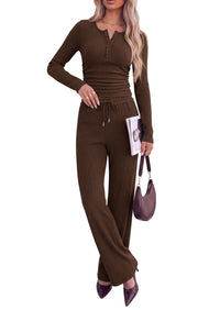 PRETTYGARDEN Two Piece Lounge Sets for Women Fall Fashion | Soft Stretchy Rib Knit,Long Sleeve Henley Tops,High Waisted Wide Leg Pants,Matching Holiday Vacation,Airport Travel Outfits