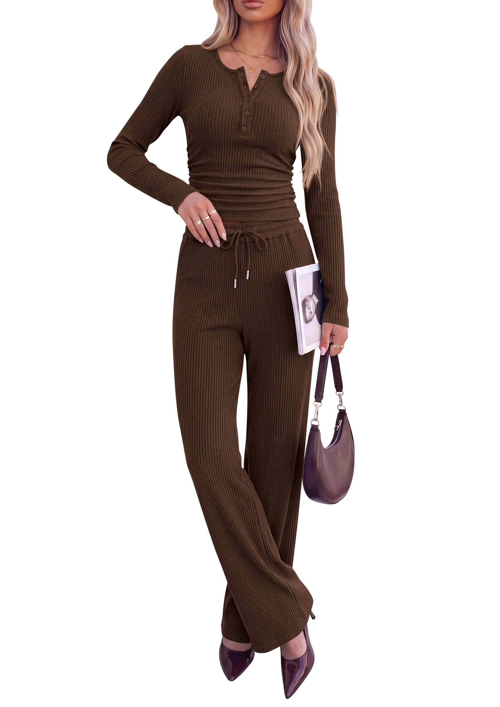 PRETTYGARDEN Two Piece Lounge Sets for Women Fall Fashion | Soft Stretchy Rib Knit,Long Sleeve Henley Tops,High Waisted Wide Leg Pants,Matching Holiday Vacation,Airport Travel Outfits