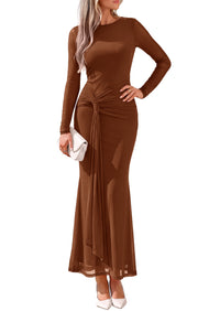PRETTYGARDEN Women's Long Sleeve Tie Waist Maxi Dresses						  Sexy Mesh Style,Ruched Design,Wedding Guest,Cocktail Party,Night Out,2026 Early Fall Fashion Outfits,Cute Spring Dress