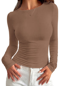 PRETTYGARDEN Long Sleeve Shirts for Women 2026 Fall Casual Boat Neck Tight Slim Fit Layering Basic T Shirt Going Out Tops