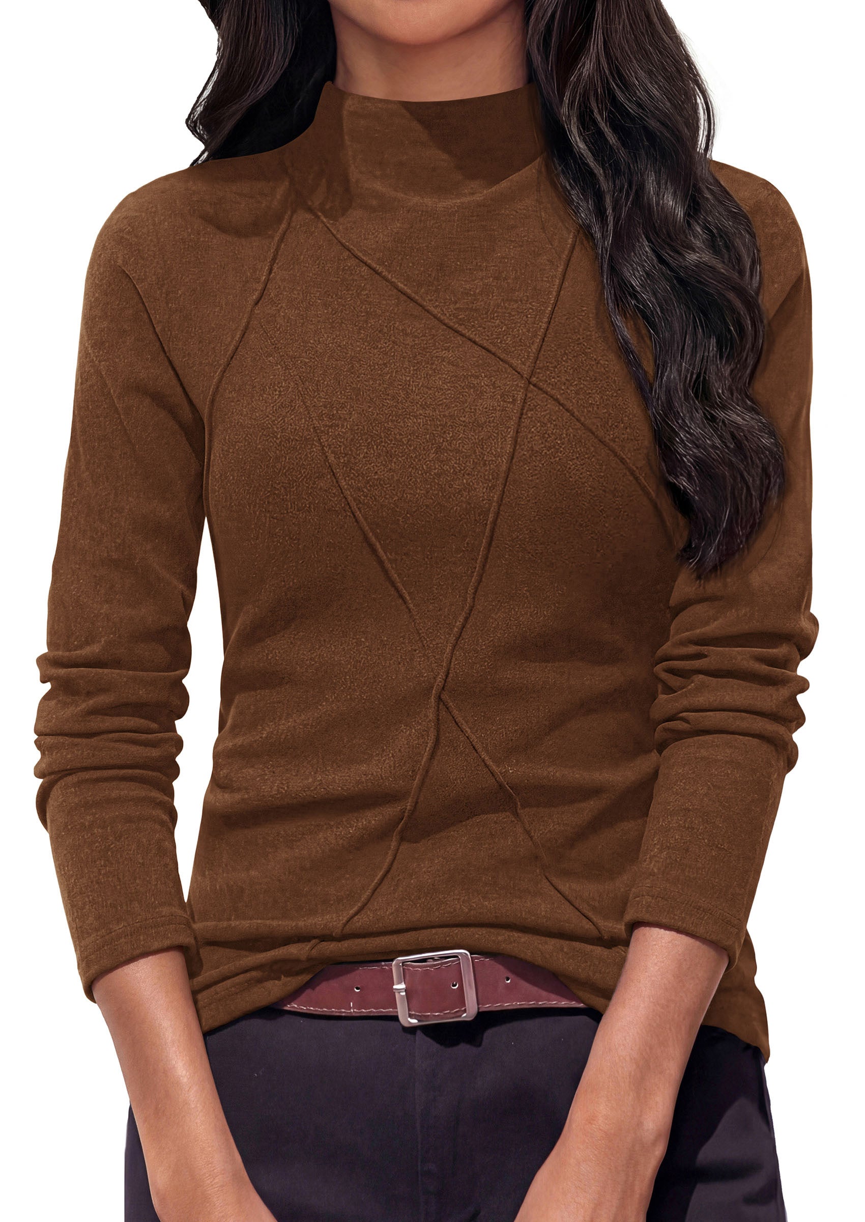 PRETTYGARDEN Women's Fall Mock Neck Long Sleeve Shirts | Soft Stretchy Knit,Geometric Seam Stitching,Slim Fitted Basic Tees,Thermal Casual Wear,Daily Work Layering Winter Tunic Top