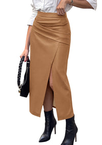 PRETTYGARDEN Faux Leather Long Skirts for Women | High Waisted Front Slit,Elegant Bodycon Midi,Work Office Business Casual Clothes,Fall Outfits,Party Cocktail Pencil Skirt