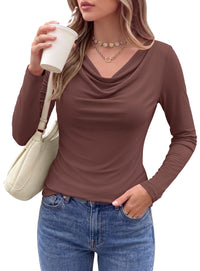 PRETTYGARDEN Cowl Neck Tops for Women Fashion Long Sleeve Shirt  Comfy Ruched Shirts, Soft Lightweight Knit, Chic Cowl Neck Top, Casual Going Out Outfits, Fall Winter Trendy Clothes