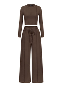 PRETTYGARDEN Womens 2 Piece Sets Long Sleeve Outfits  Soft Ribbed Knit, Loose Wide Leg Fit, Crop Top Drawstring High Waist Pants Set, Casual Lounge Travel, Matching Fall Clothes