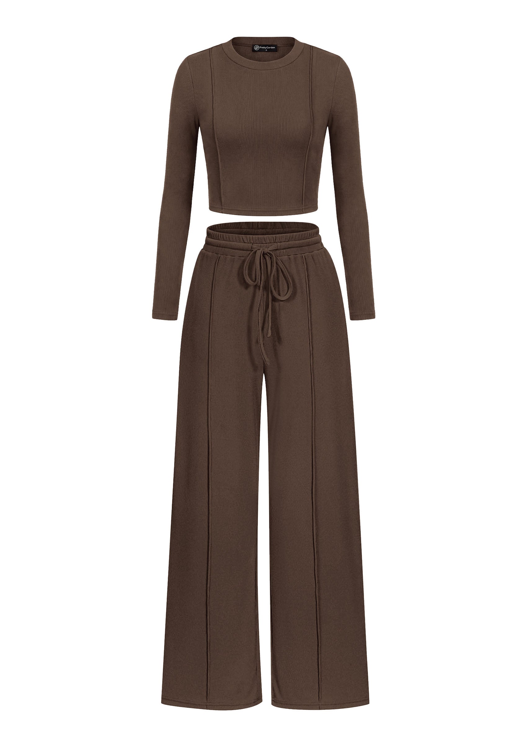 PRETTYGARDEN Womens 2 Piece Sets Long Sleeve Outfits  Soft Ribbed Knit, Loose Wide Leg Fit, Crop Top Drawstring High Waist Pants Set, Casual Lounge Travel, Matching Fall Clothes